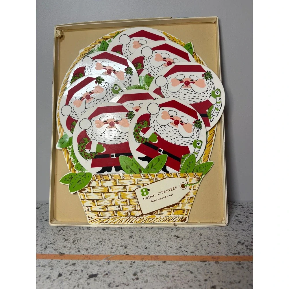 Vintage Santa Claus Drink Coasters 8 Piece Set Foam Backed Vinyl Christmas